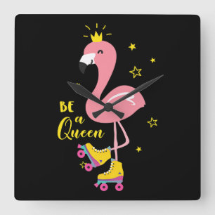 Be A Queen Pink Flamingo Skate Roller Women Girls Square Wall Clock