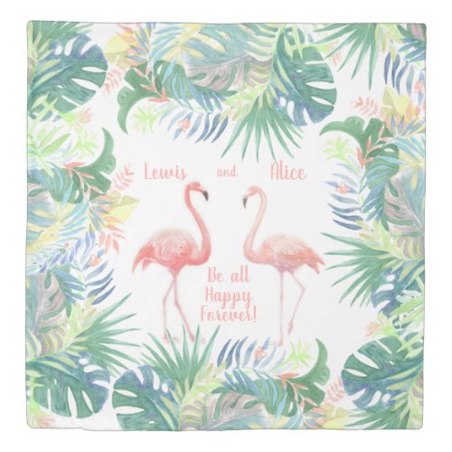 Be all Happy Forever Fairy Tale Two Pink Flamingo Duvet Cover