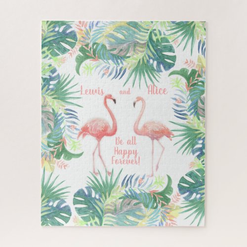 Be all Happy Forever Fairy Tale Two Pink Flamingo Jigsaw Puzzle