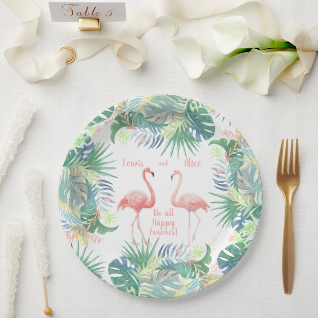 Be all Happy Forever! Fairy Tale Two Pink Flamingo Paper Plates (Wedding)