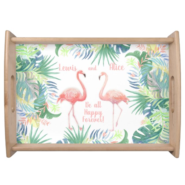 Be all Happy Forever! Fairy Tale Two Pink Flamingo Serving Tray (Front)
