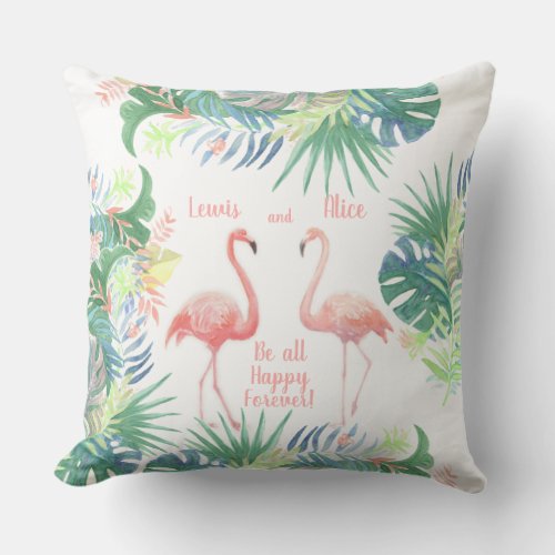 Be all Happy Forever Fairy Tale Two Pink Flamingo Throw Pillow