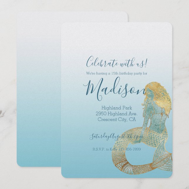 Be Awesome Gold Aqua Sparkle Mermaid Invitation (Front/Back)