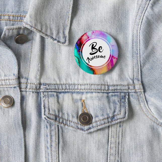 Be Awesome Pink and Turquoise Abstract Watercolor Button (In Situ)