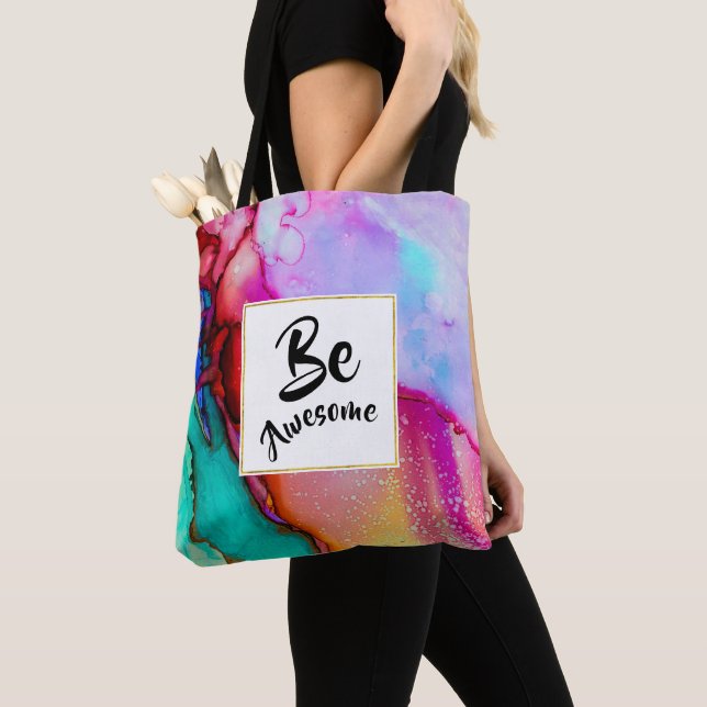 Be Awesome Pink and Turquoise Abstract Watercolor Tote Bag (Close Up)
