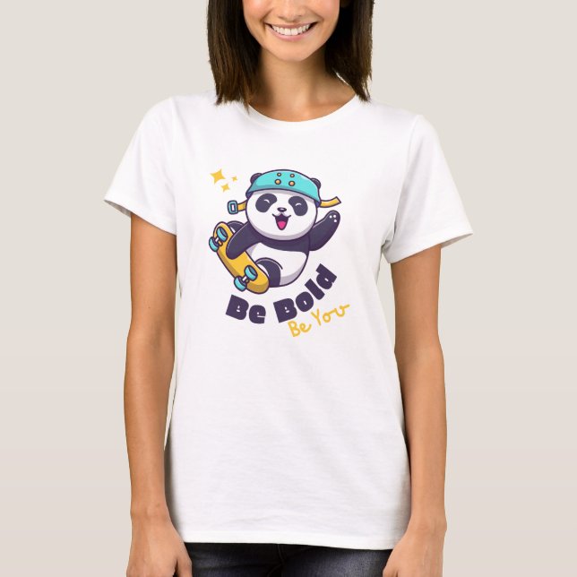 Be Bold, Be You: Panda Skateboarding Design T-Shirt (Front)