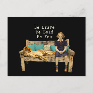 Be Brave Vintage Schoolgirl & Cheetah Campy Postcard