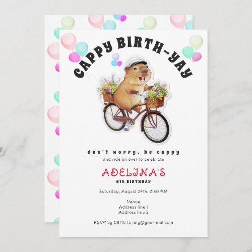 Be Cappy Capybara Bicycle Kids Cute Birthday Party Invitation