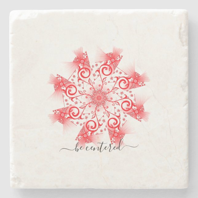 Be centered red mandala fractal line doodle stone coaster (Front)