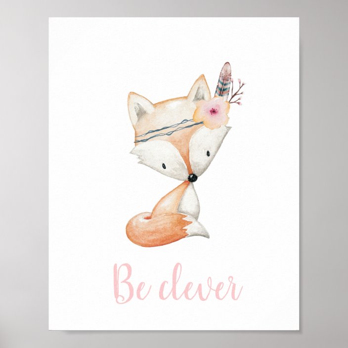 Be Clever Cute Baby Fox Watercolor Boho Nursery Poster Zazzle Com