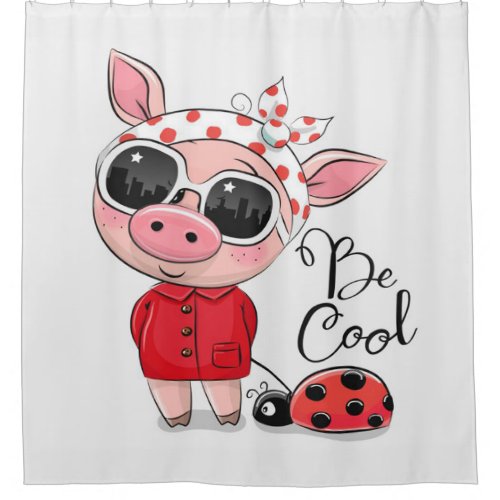 Be Cool Pig  Pig  Ladybug  Family Gift Shower Curtain