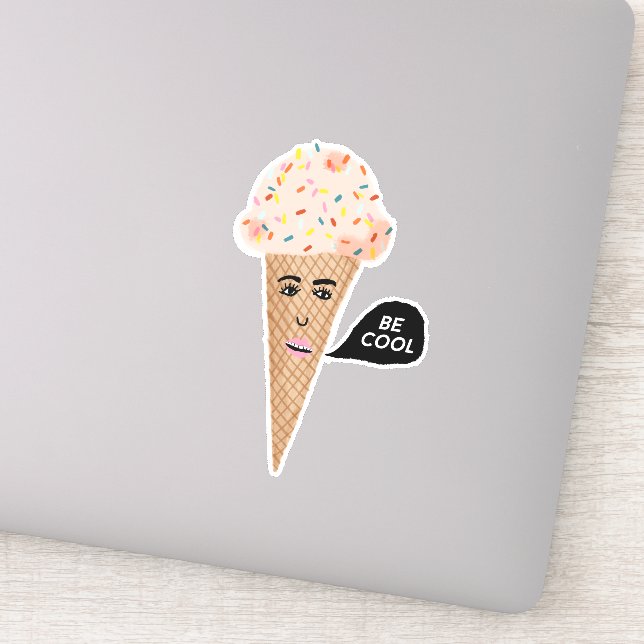 "BE COOL" Pink Ice Cream Cone Funny Illustration Sticker (Detail)