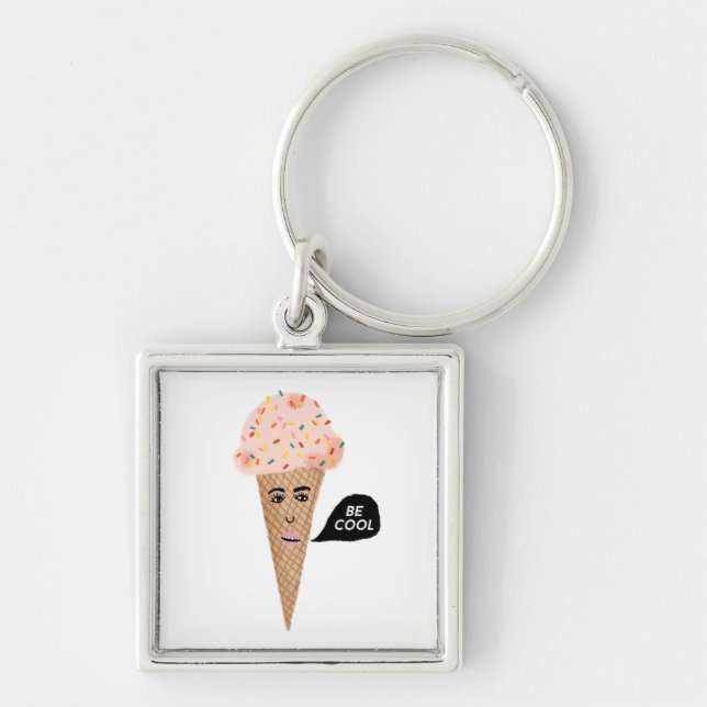 "BE COOL" Pink Ice Cream Cone with Sprinkles Funny Keychain (Front)