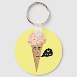&quot;BE COOL&quot; Pink Ice Cream Cone with Sprinkles Funny Keychain
