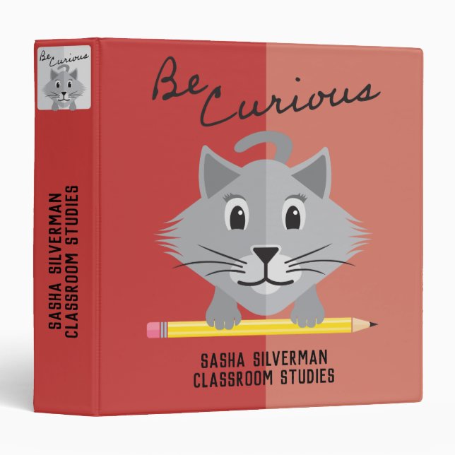 Be Curious Gray Cat Holding Pencil Apple Red 3 Ring Binder (Front/Spine)