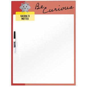 Be Curious Gray Cat with Red Border Dry Erase Board