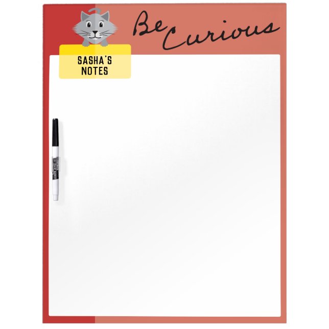 Be Curious Gray Cat with Red Border Dry Erase Board (Front)