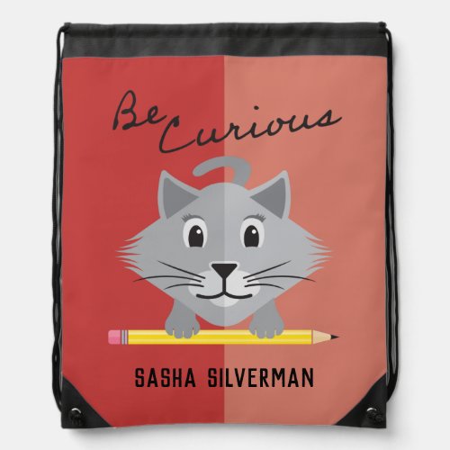 Be Curious Grey Cat Holding Pencil Red Drawstring Bag
