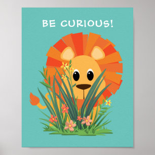 "BE CURIOUS!" Lion in Grass, Your Message or Name Poster