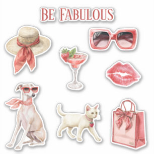 Be Fabulous Red Bow Hat Glasses Drink Kisses Sticker