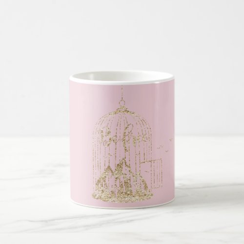 Be Free Birds Out Of Cage Mountain Pink Gold Coffee Mug