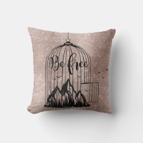 Be Free Cage Rose Gold Sparkly Black Blush Sequin Throw Pillow