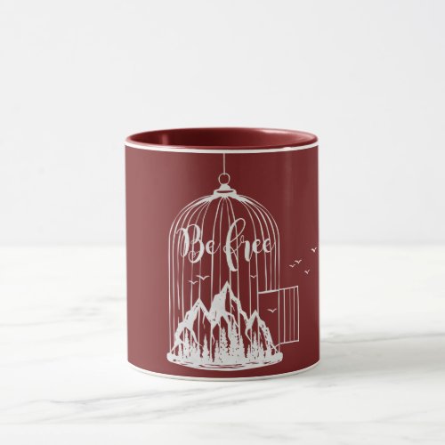 Be Free Fly Bird Cage Mountains Motivational Red Mug