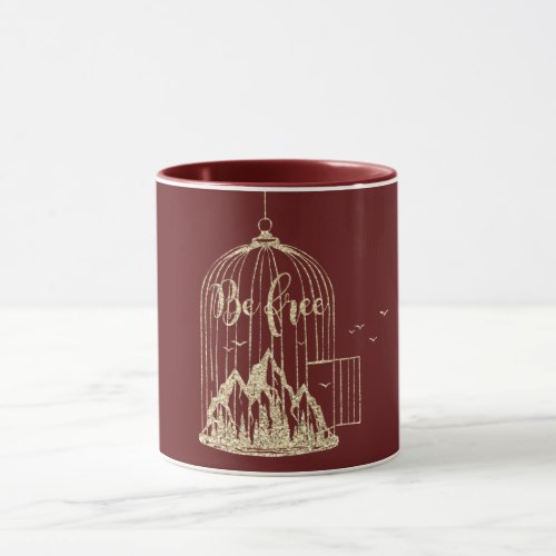 Be Free Gold Bird Cage Mountains Motivational Red Mug