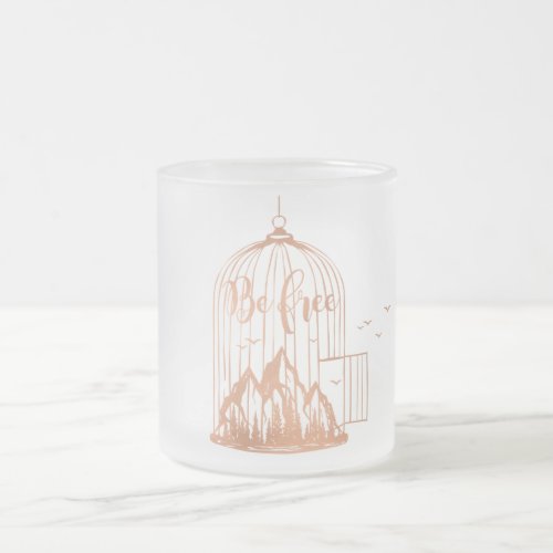 Be Free Out Of Cage Mountain Flying Birds Copper Frosted Glass Coffee Mug