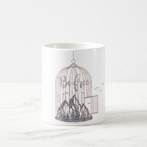 Be Free Out Of Cage Mountain Flying Birds Silver Coffee Mug