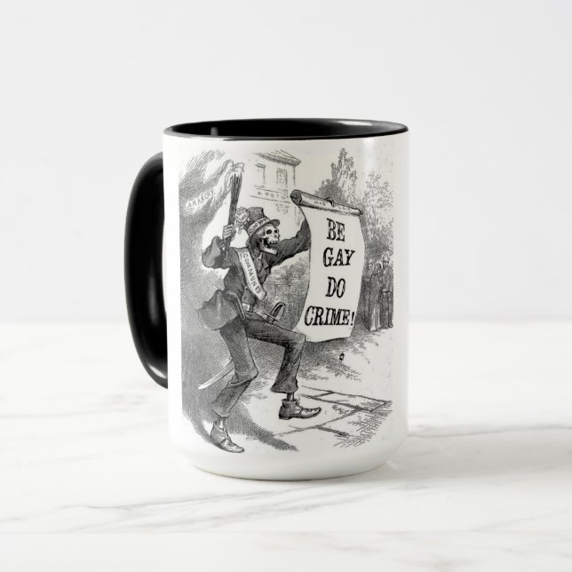 BE GAY, DO CRIME VINTAGE CARTOON MUG (Front Left)
