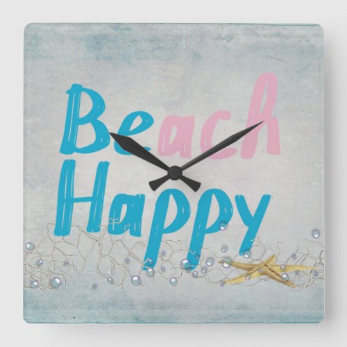 be happy_beach and starfish square wall clock