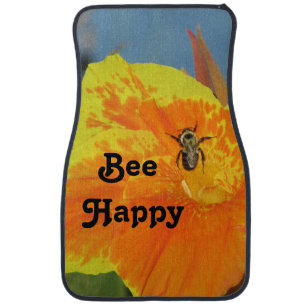Be Happy Bee Pun Bright Orange Flower Photo Floral Car Floor Mat