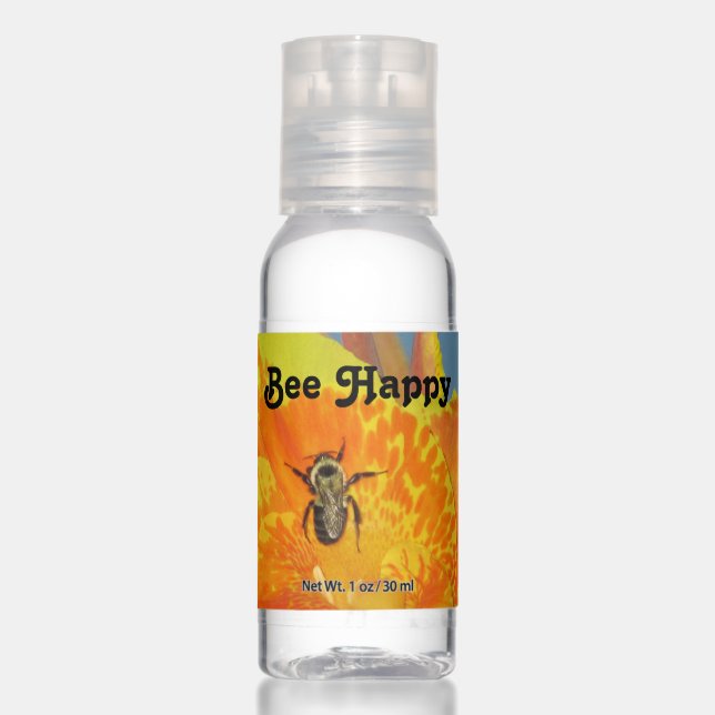 Be Happy Bee Pun Bright Orange Flower Photo Floral Hand Sanitizer (Front)