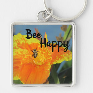 Be Happy Bee Pun Bright Orange Flower Photo Floral Keychain