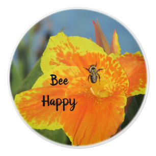 Be Happy Bright Orange Canna Lily with Bee Nature Ceramic Knob