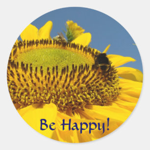 Be Happy! button Summer Sunflower Bumblebee Classic Round Sticker