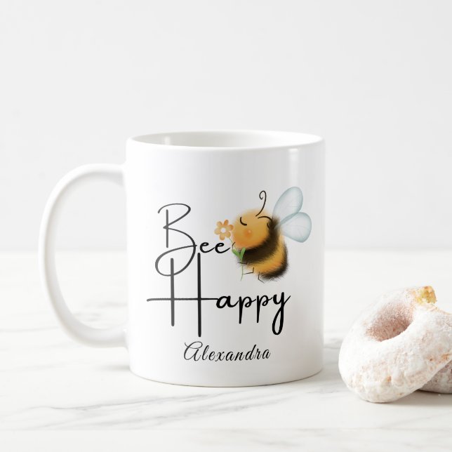 Be happy cartoon bee Cutom Coffee Mug (With Donut)