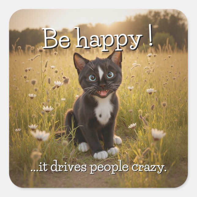 Be Happy – Cheerful Cat in Nature Square Sticker (Front)