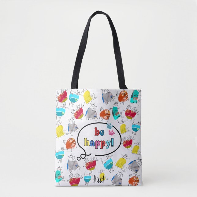 "Be Happy" Colorful Cat Design Tote Bag (Front)