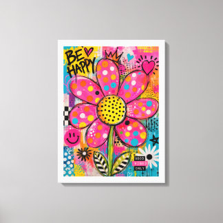 Be Happy Colorful Flower Pop Art Canvas Print