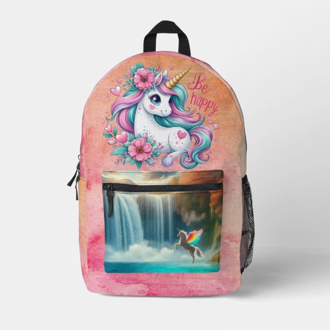 Be Happy Cute Unicorn Rainbow Magical Fantasy Printed Backpack (Front)
