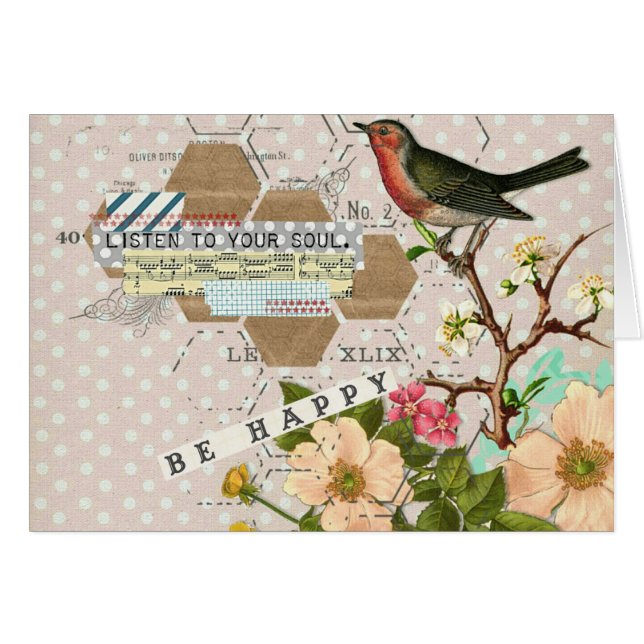 Be Happy Digital Bird collage Cards (Front Horizontal)