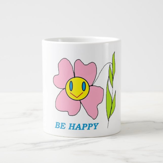 "BE HAPPY" FLOWER LARGE COFFEE MUG (Front)