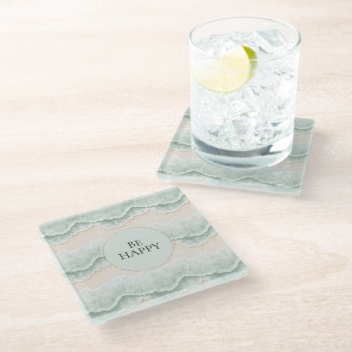 Be Happy Mint Circle Beach Aqua Waves Glass Coaster