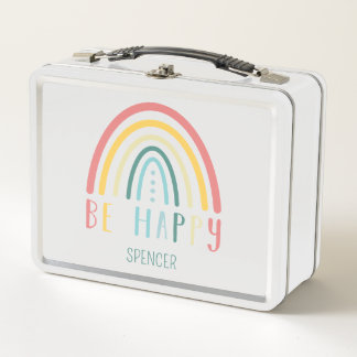 Be Happy Pastel Boho Rainbow Metal Lunch Box