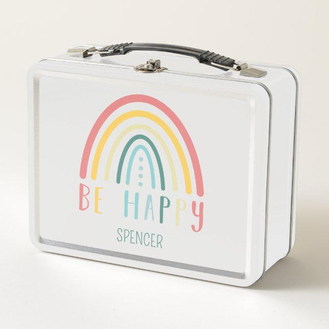 Be Happy Pastel Boho Rainbow Metal Lunch Box (Front)