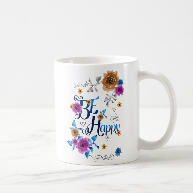 Be Happy Positive Quote Blue Purple Gold Flowers Coffee Mug (Right)