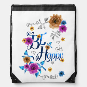 Be Happy Positive Quote Blue Purple Gold Flowers Drawstring Bag