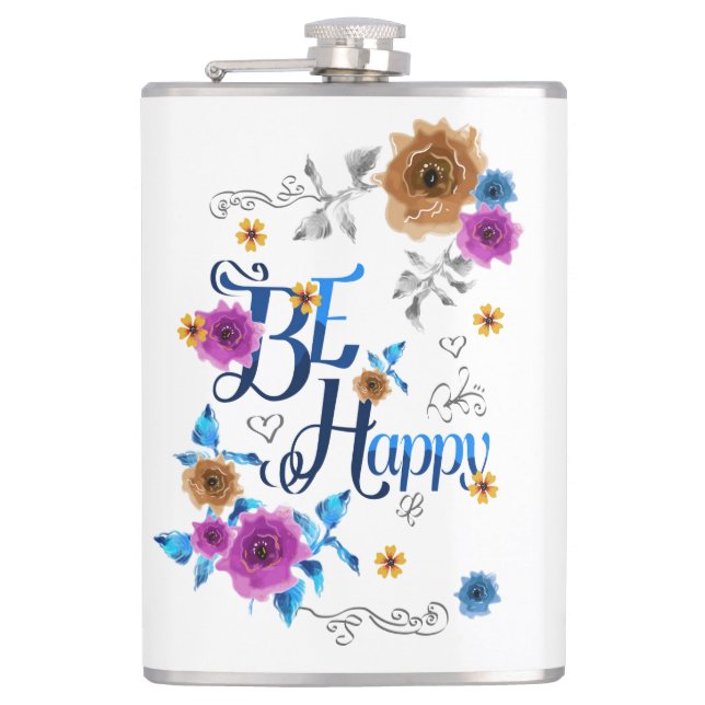Be Happy Positive Quote Blue Purple Gold Flowers Flask (Front)